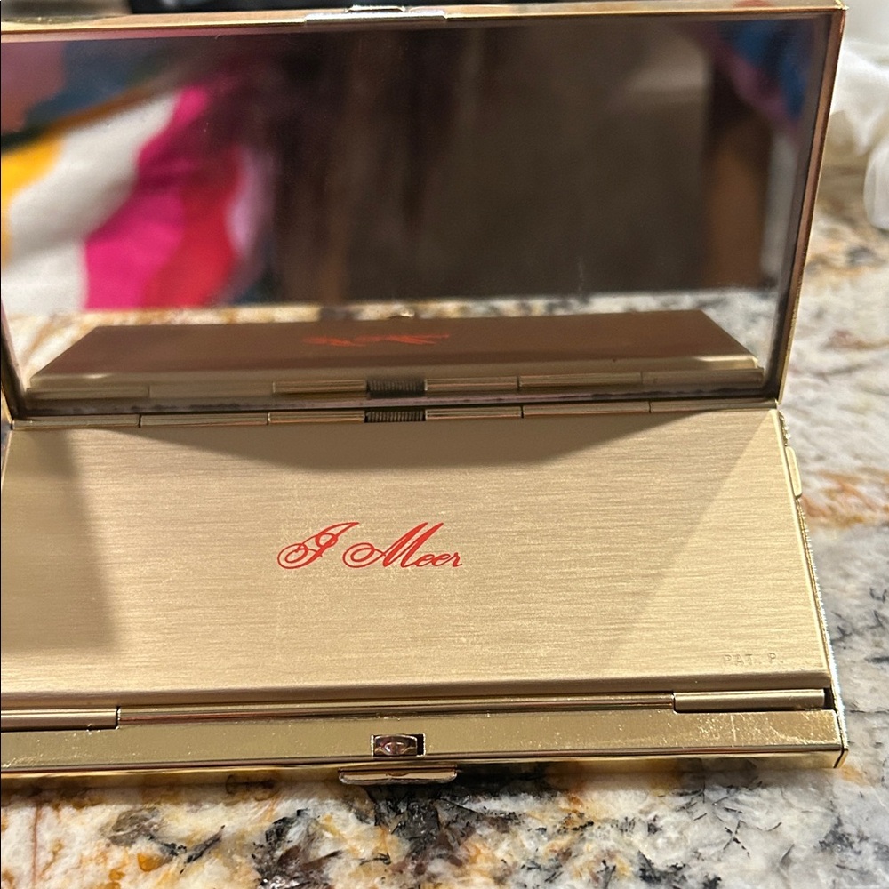 Gold Compact Mirror with Red 'J Meer' Script Logo - Picture 2 of 3